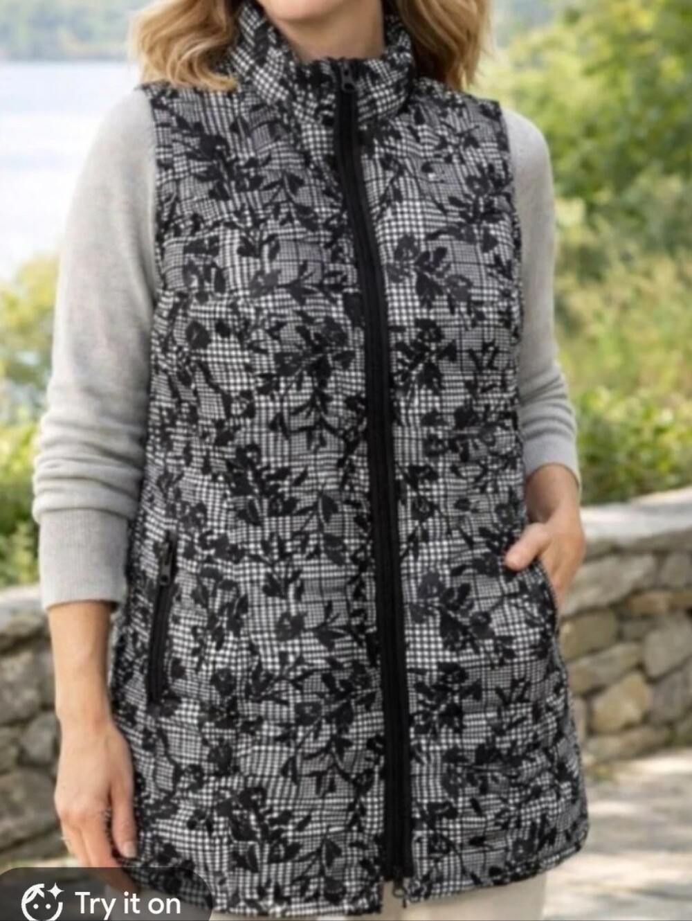 J. Jill Black & Gray Floral-Print Quilted Vest